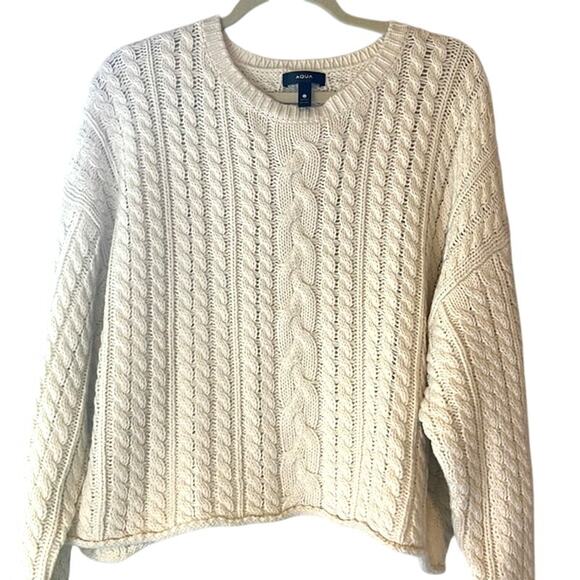 AQUA Ladies Cream Chalk Cableknit Cropped Sweater, Size Large, NWT! - Picture 2 of 4